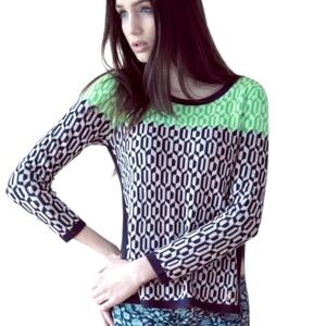 Juicy Couture Geometric Wool Sweater Side Zip Long Sleeve Navy Green Size S